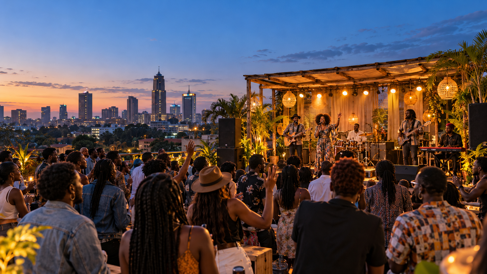Illustrative preview of a live music gathering overlooking Nairobi at dusk